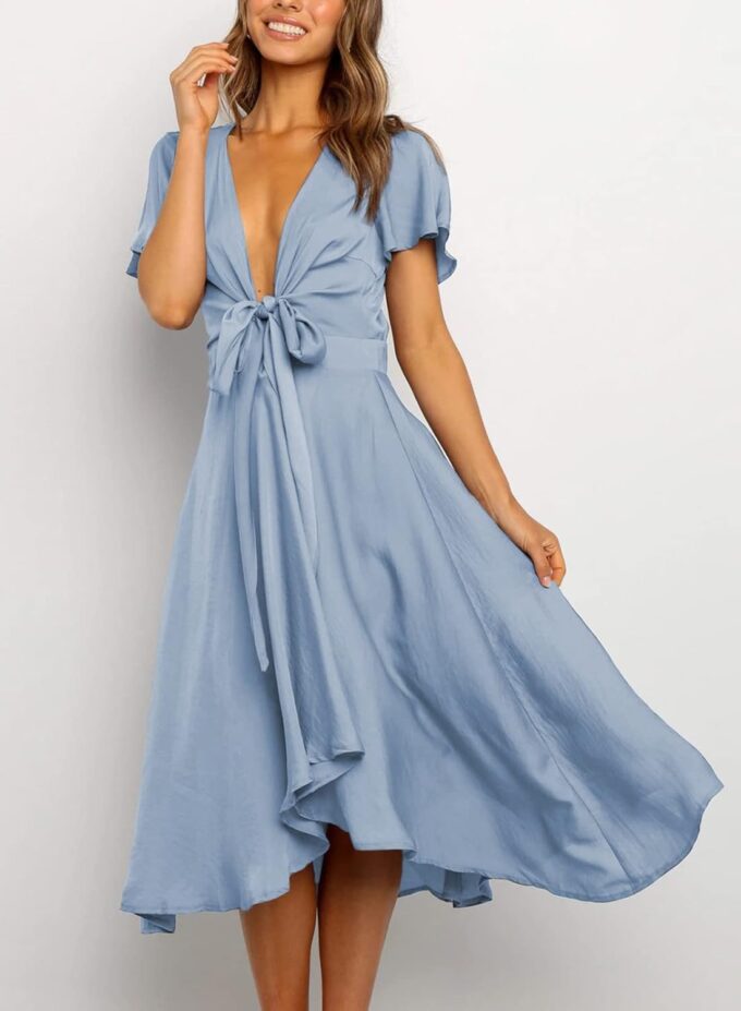 miduo Womens Satin V Neck Ruffle Short Sleeve Tie Front High Waist Midi A-Line Maxi Dresses – Bild 3