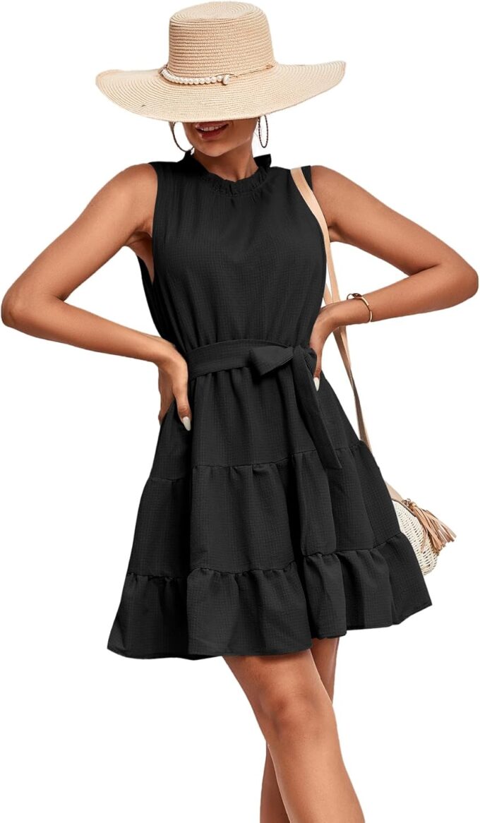 Umenlele Women's Ruched Trim Crewneck Sleeveless Tie Knot High Waist Ruffle Layered Short Dress – Bild 6
