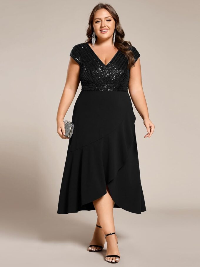 Ever-Pretty Plus Women's Summer V Neck A Line Sequin Cap Sleeves Tea Length Plus Size Formal Wedding Guest Dresses – Bild 4