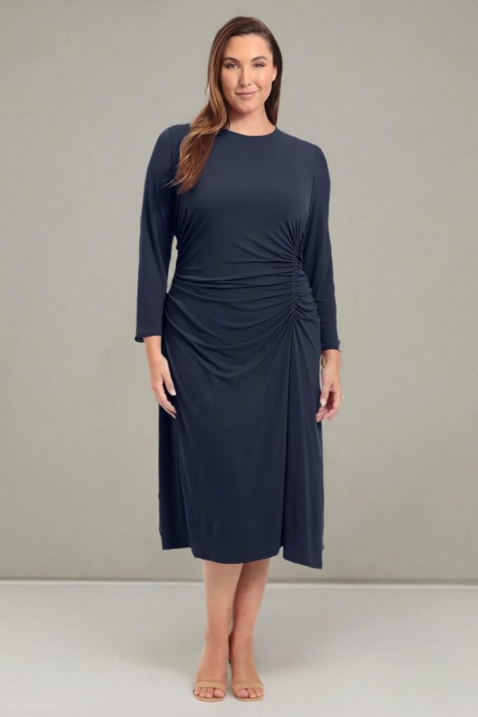 Maggy London Damen Langarm Seite Gerüscht Matt Jersey Workwear Event Party Gast Hochzeit Kleid – Bild 2