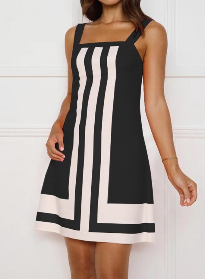 Women Summer Striped Mini Square Neck Color Block Beach Vacation Short Sun Dress – Bild 4