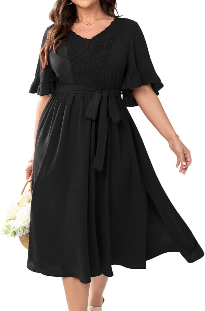 SCOMCHIC Women's Plus Size Wedding Guest Dress Smocked V Neck Short Ruffle Sleeve Split Flowy Summer Cocktail Dresses
