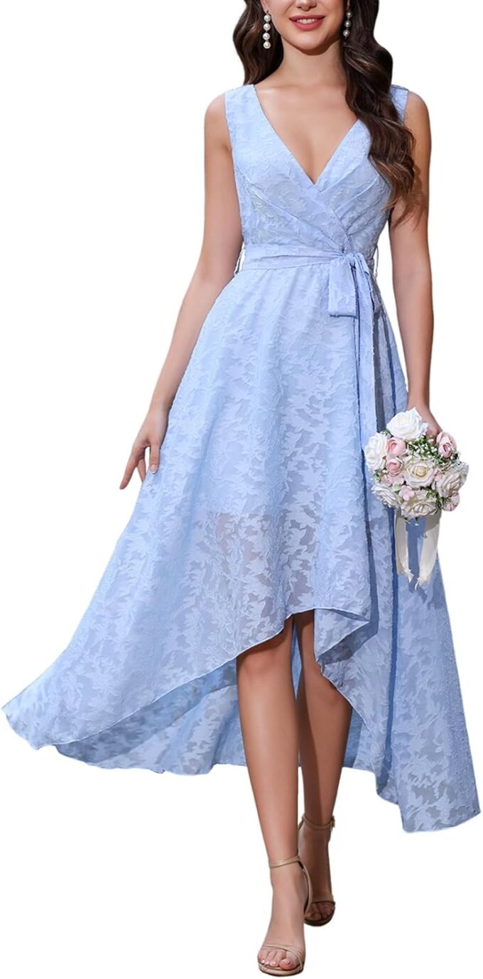 Women's Elegant Wedding Guest Dress with Belt Sleeveless A Line High Low Midi Length Jacquard Formal Summer Dress Blue L