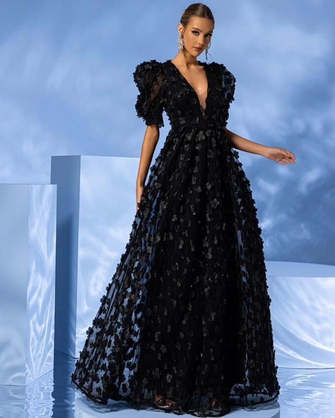 Women's Floral Tulle A Line Puffy Sleeve Prom Dresses Elegant V Neck Formal Evening Party Gowns – Bild 5