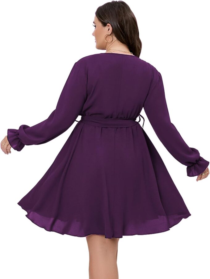 SCOMCHIC Women's Plus Size Long Sleeve Wrap V Neck Tie Waist A Line Mini Dress – Bild 4