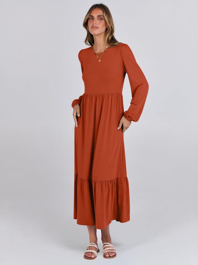 ANRABESS Women's Casual Long Sleeve Midi Dress 2025 Fall Crewneck A Line Tiered Flowy Loose Trendy Dresses with Pockets – Bild 3