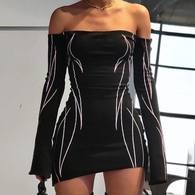 Aopwsrlyi Women Sexy Off Shoulder Long Sleeve Mini Bodycon Dress Y2K Print Asymmetrical Hem Dresses Party Clubwear – Bild 4