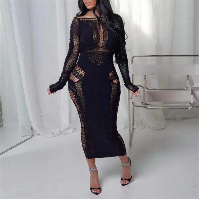 Women's Sexy Hollow Out Long Sleeves See Through Club One Piece Mesh Bodycon Maxi Dress – Bild 3