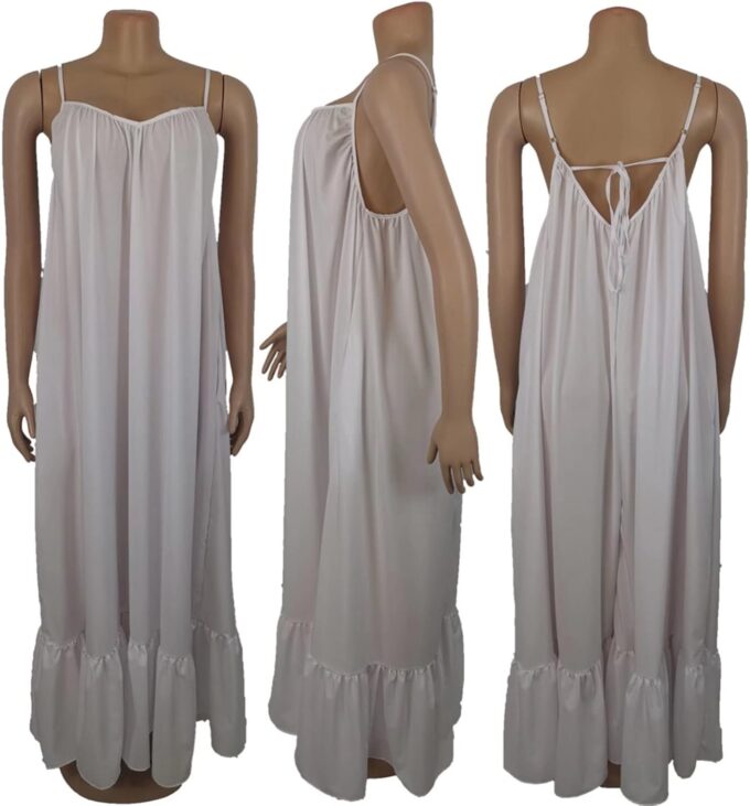 Adogirl Women's Sexy Spaghetti Strap Sleeveless Ruched Ruffle Hem Bandage Oversized Beach Loose Long Maxi Swing Dress – Bild 6