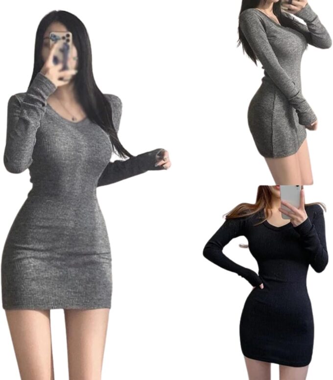Damenkleid, modisch, V-Ausschnitt, schmal, sexy, langärmelig, Frühling, Herbst, einfarbig, Freizeitkleider, Westen