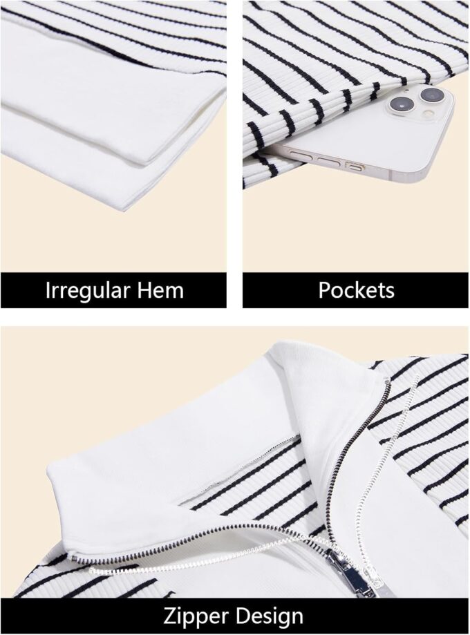 Wenrine Womens Striped Mini Dress Casual Zipper Cap Sleeve Collared V Neck Loose Knit Summer Dresses – Bild 6