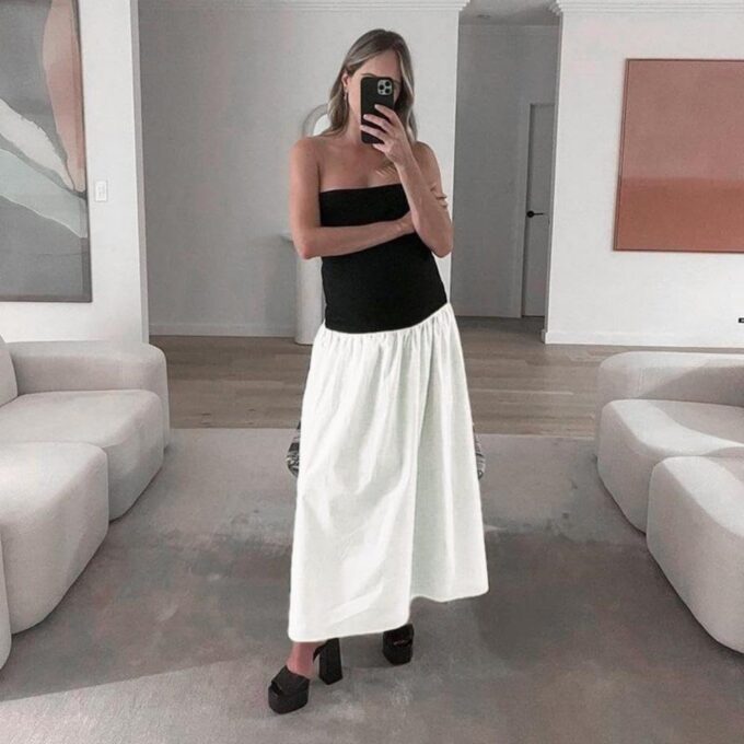 YOXUA Women's Summer Strapless Sleeveless Patchwork A-Line Tube Long Maxi Dress Off Shoulder Beach Maxi Dress – Bild 3