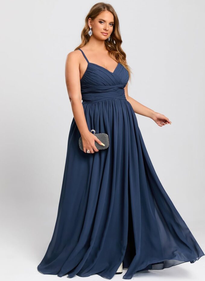 Chiffon V Neck Split Bridesmaid Dresses Long for Women with Pockets Empire Waist Pleated Formal Party Dress – Bild 5