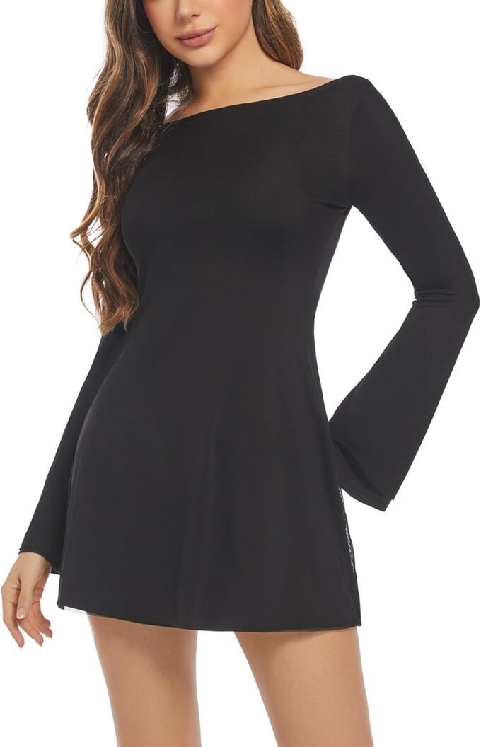 Women's Long Sleeve Dress Flare Mini Dresses Blackless Party Club Dress – Bild 3