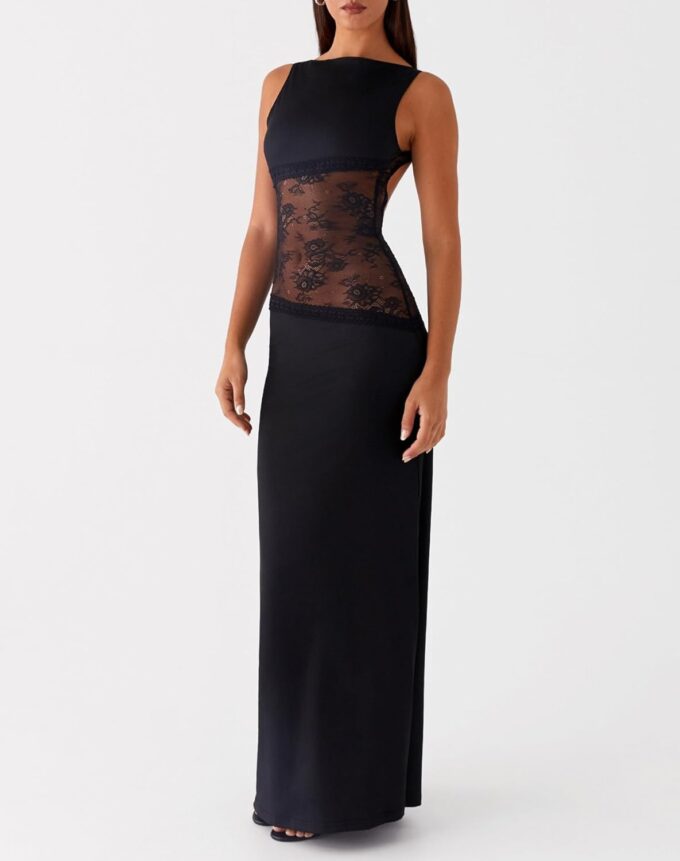 Women's Lace Patchwork Maxi Dress Sleeveless Backless Cut Out Bodycon Long Dresses Sexy Mesh Cocktail Dress – Bild 4
