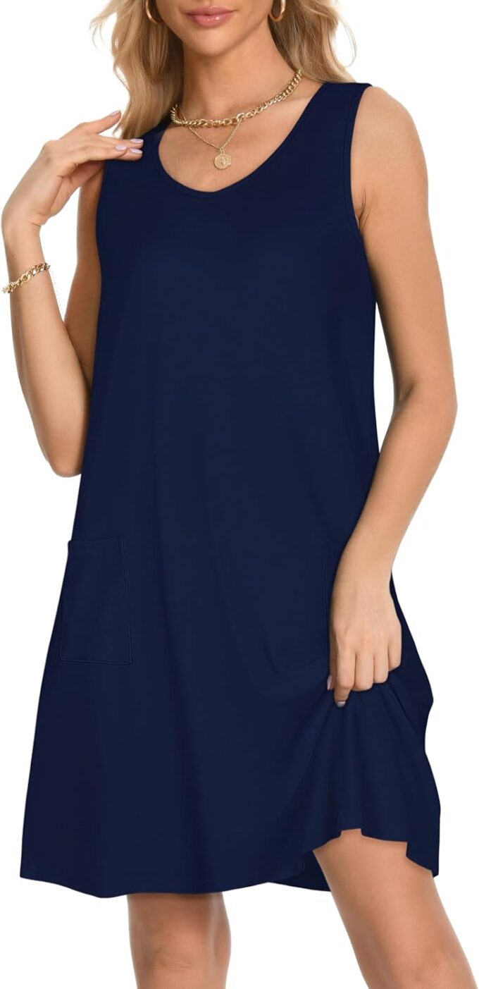 elescat Womens Summer Dresses Casual V Neck Sleeveless Pockets Beach Loose Tank Sundress – Bild 5