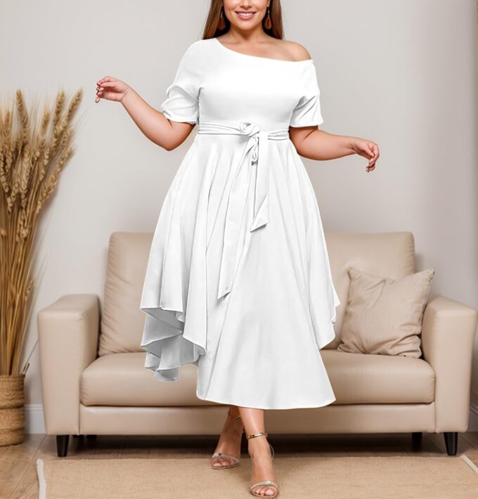Plus Size Women Wedding Guest Dress Off Shoulder Boat Neck Irregularly Flowy Midi Church Dress – Bild 6