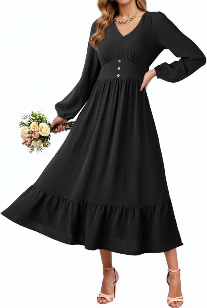 Dokotoo Womens Dresses Fashion 2025 Long Sleeve V Neck Maxi Dresses Elegant Casual Flowy Tiered Boho Beach Vacation Outifits – Bild 2