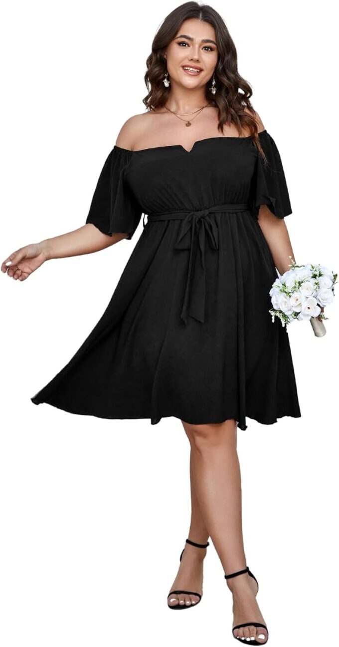 SCOMCHIC Womens Plus Size Cocktail Dress Summer Off Shoulder Short Sleeve Flowy Ruffle A-Line Cute Mini Dress with Belt – Bild 5