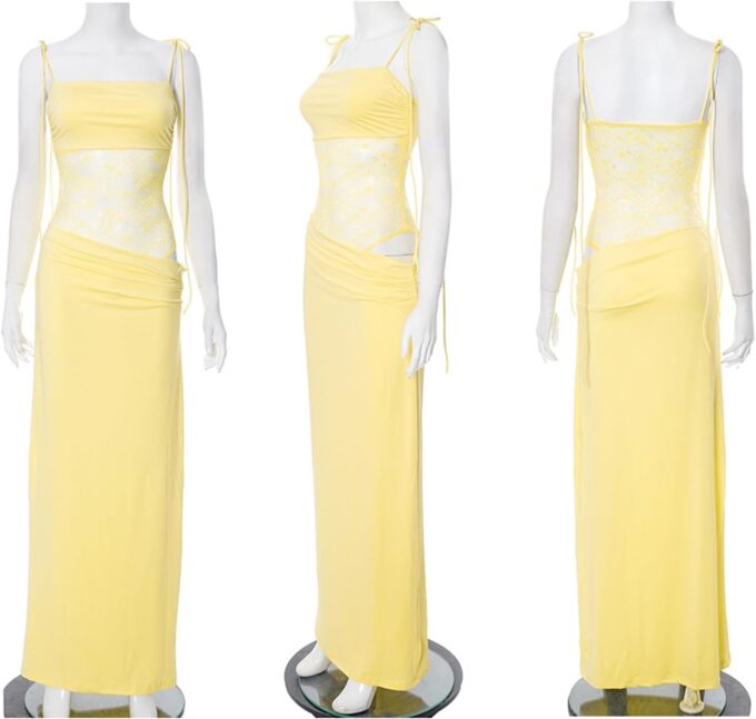 Unybwonn Lace Maxi Dress Sexy Sheer Sleeveless Bodycon Mesh Long Dresses Cut Out Spaghetti Strap Wedding Guest Dress – Bild 6