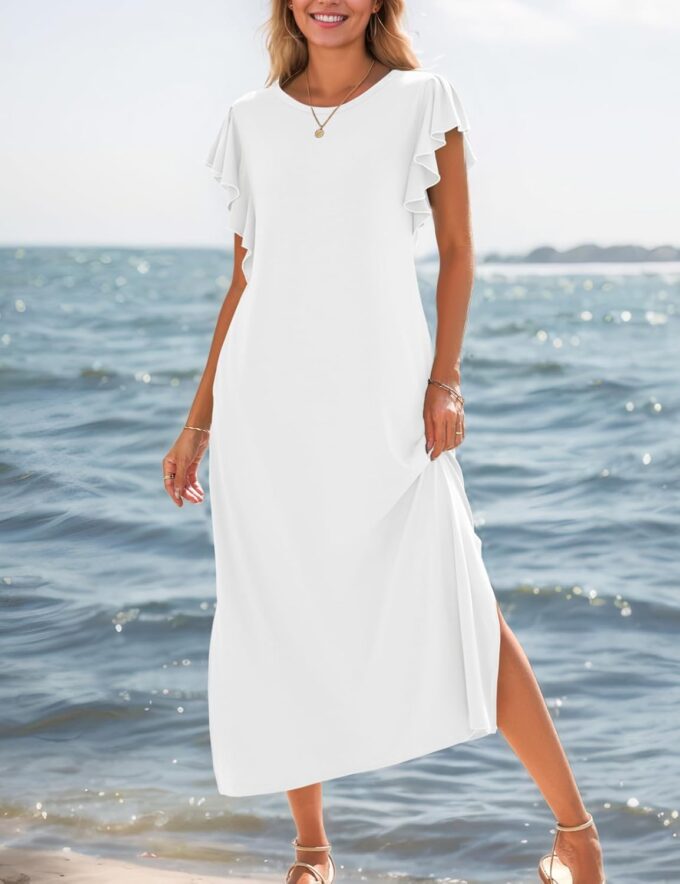 Zilcremo Women Summer Casual Ruffle Sleeve Loose Sundress Round Neck Split Long Maxi Beach Dress with Pockets – Bild 2