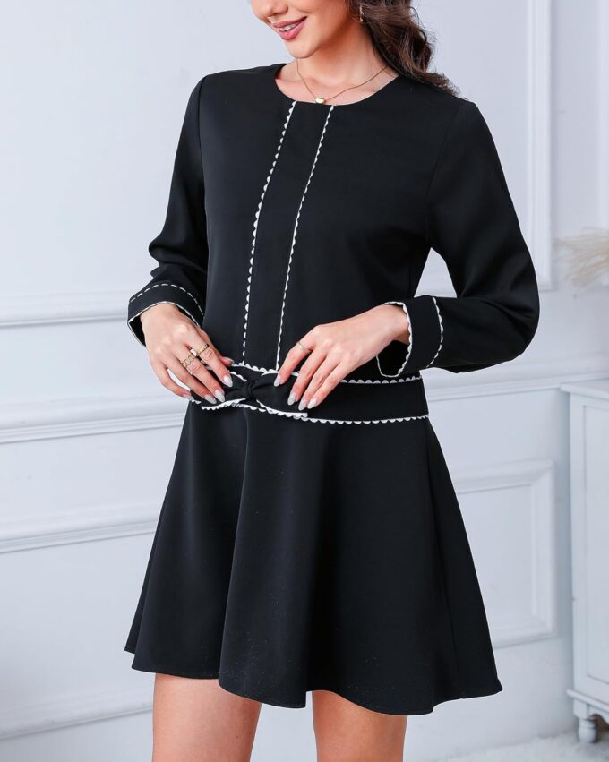 Kedera Women's Bow Mini Dress Long Sleeve Ruffled Dress Crew Neck Lace Dress Elegant Cocktail Party Dress – Bild 2