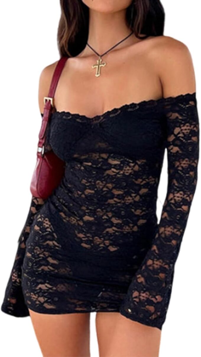 Women Sexy Off Shoulder Floral Lace Bodycon Mini Dress Y2K Flared Sleeves Short Dress Mesh Sheer Night Out Dresses