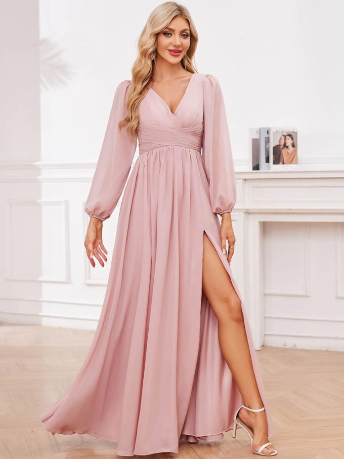 Women's Long Sleeve Bridesmaid Dresses with Slit V Neck Chiffon Ruched Formal Wedding Guest Party Dresses – Bild 2
