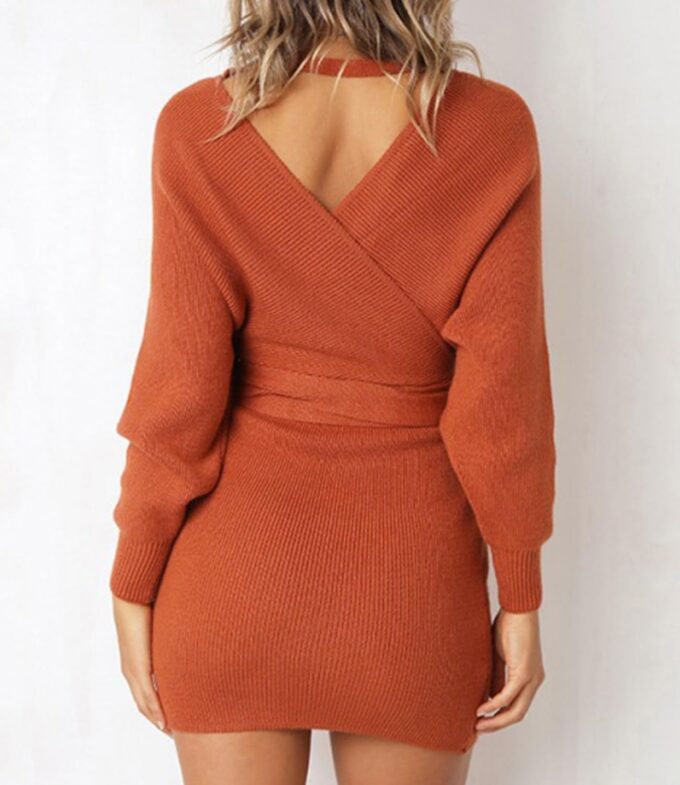Mansy Women's Sexy Cocktail Batwing Long Sleeve Backless Mock Wrap Knit Sweater Mini Dress – Bild 4