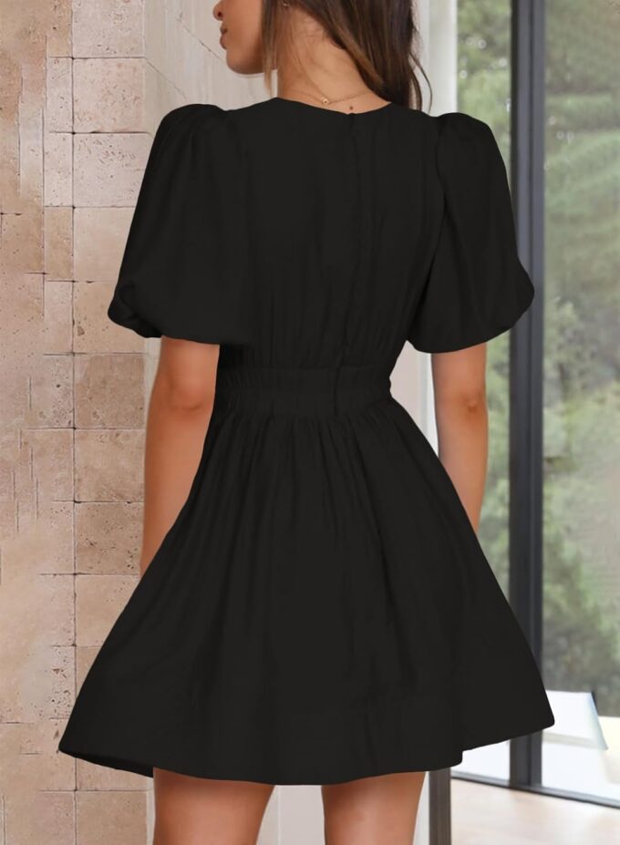 Women Sexy V Neck Mini Dress 2025 Summer Puff Sleeve A Line Elastic High Waist Flowy Swing Dresses – Bild 8