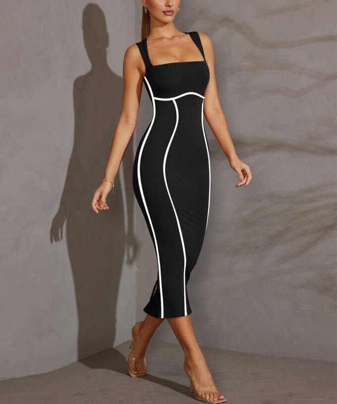 Lrady Women's Square Neck Dresses Long Sleeve Contrast Binding Split Bodycon Mermaid Evening Cocktail Party Dress – Bild 4