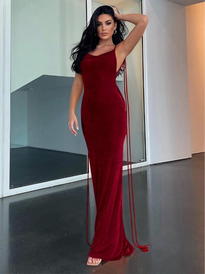Womens 2025 Summer Backless Bodycon Maxi Dress Spaghetti Strap Halter Formal Cocktail Dresses Wedding Guest – Bild 2