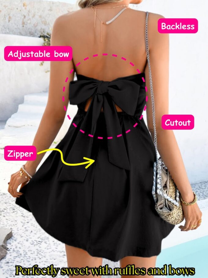Strapless Bow Tie Mini Dress, A-Line Backless Cut-Out Sleeveless, Grad Formal Cocktail, for Women HOCO Vacation – Bild 3