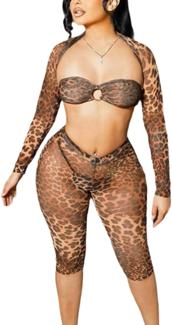 Cheetah Print Outfit for Women Sexy 3 Piece Stretchy See Through Club Outfits for Women Sexy Clubwear 2025