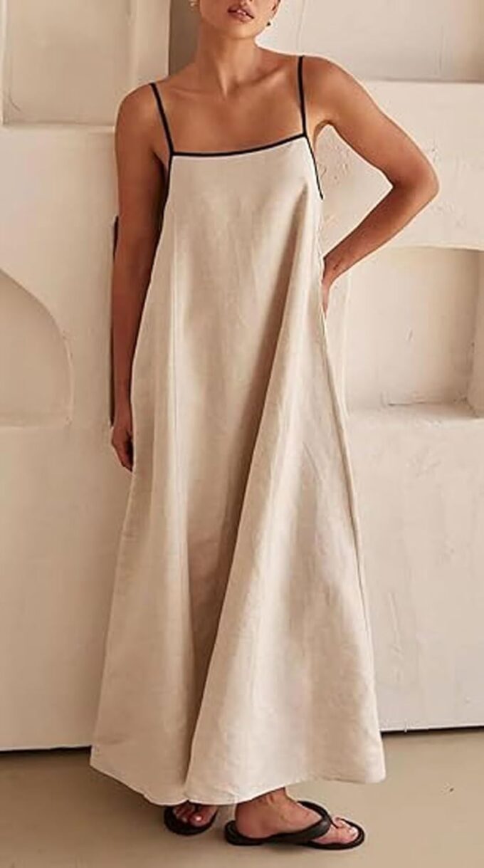 Womens Summer Linen Maxi Dress Contrast Trim Spaghetti Straps Backless Sleeveless Long Flowy Dresses – Bild 2