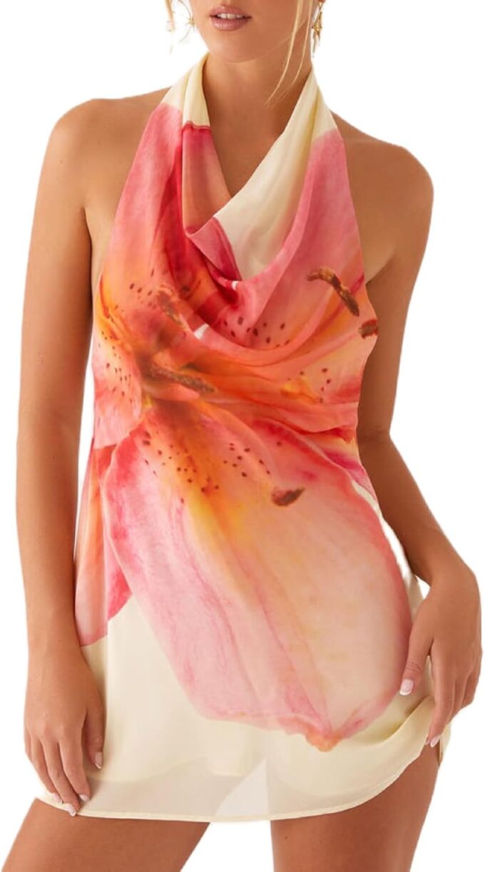 Women Halter Low Neck Mini Dress Sexy Cutout Sleeveless Boho Short Dresses Open Back Night Party Going Out Sundress