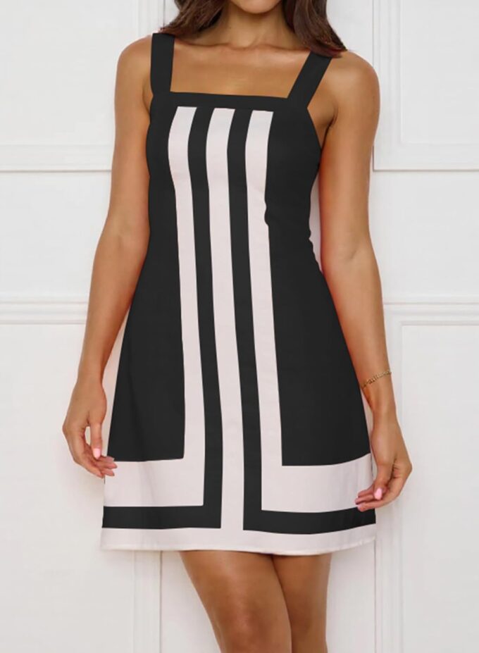 Women Summer Striped Mini Square Neck Color Block Beach Vacation Short Sun Dress – Bild 3