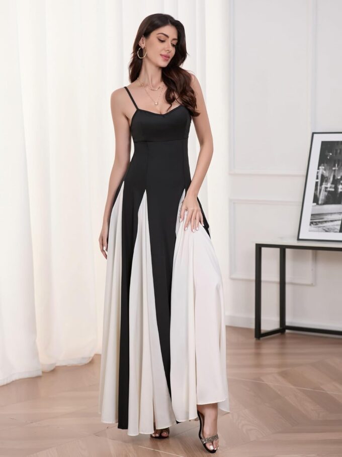Women's Sexy Sleeveless Dress Low Cut Black & White Panelled Maxi Skirt High Waist Tight A-Line Flowing Slip Dress – Bild 3