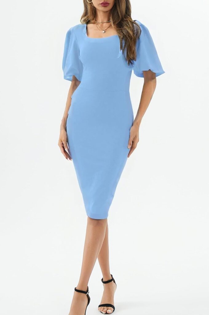 Womens Summer Dresses Square Neck Lantern Sleeve Bodycon Pencil Midi Dress – Bild 5