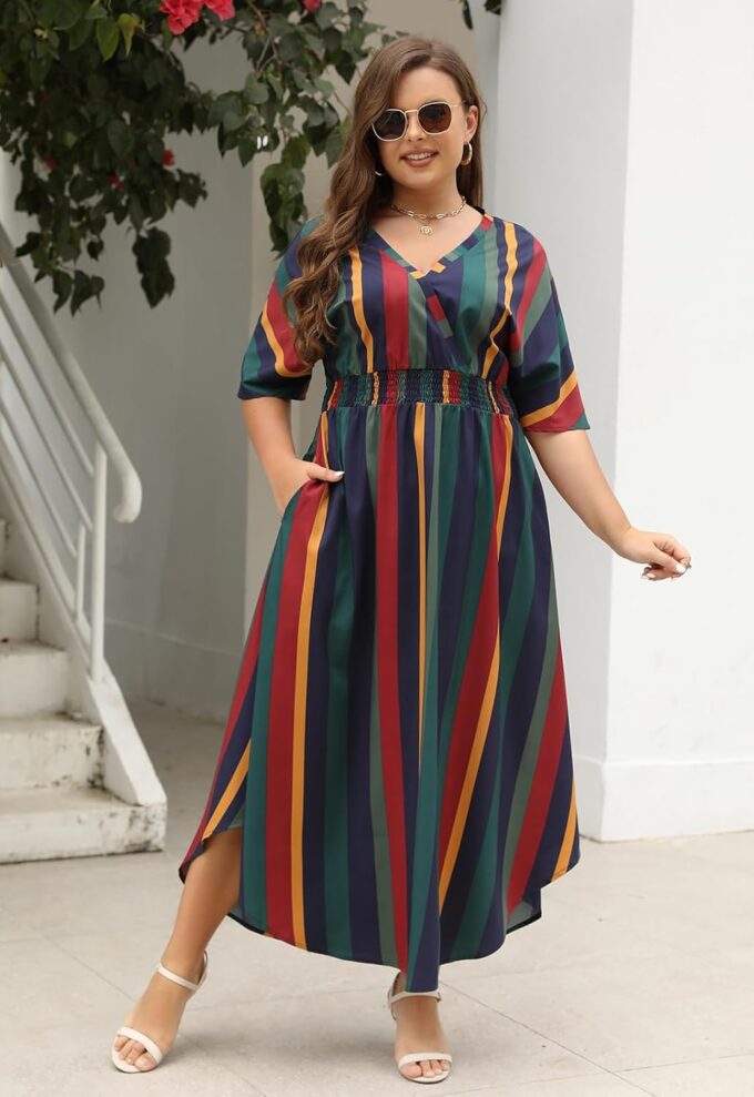 Nemidor Womens Casual Plus Size Boho Print V Neck Flared Maxi Dress with Pocket NEM403 – Bild 2