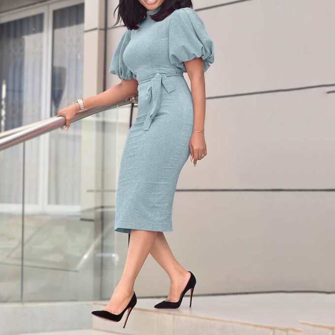 VERWIN Stehkragen Kurzarm Mittelkalb Laterne Ärmel Büro Lady Bodycon Kleid – Bild 2