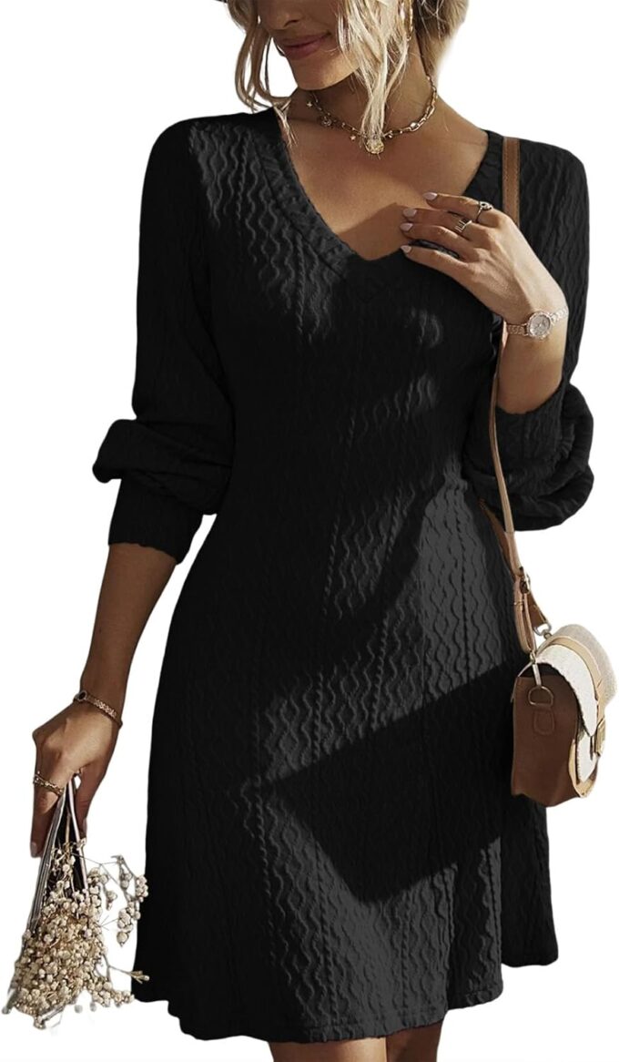 Dokotoo Fall Dresses for Women 2025 Trendy V Neck Knit A Line Long Sleeve Dress Sweater Dress