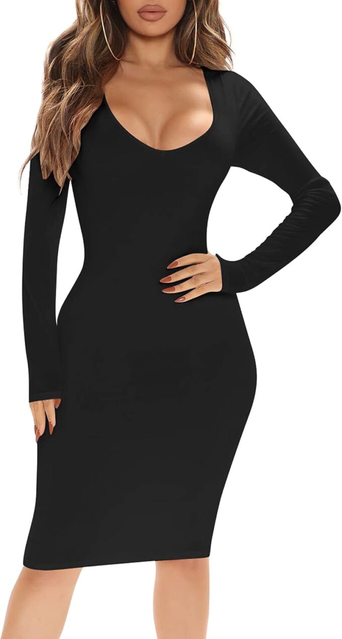 BORIFLORS Women's Sexy Bodycon Long Sleeve Deep V Neck Club Party Midi Pencil Dresses – Bild 4
