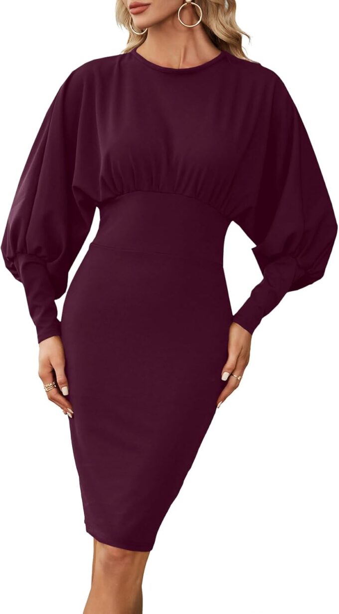 OPOIPIN Damen-Midikleid mit langen Ärmeln, elastisch, hohe Taille, formell, figurbetont, Bleistiftkleid – Bild 2