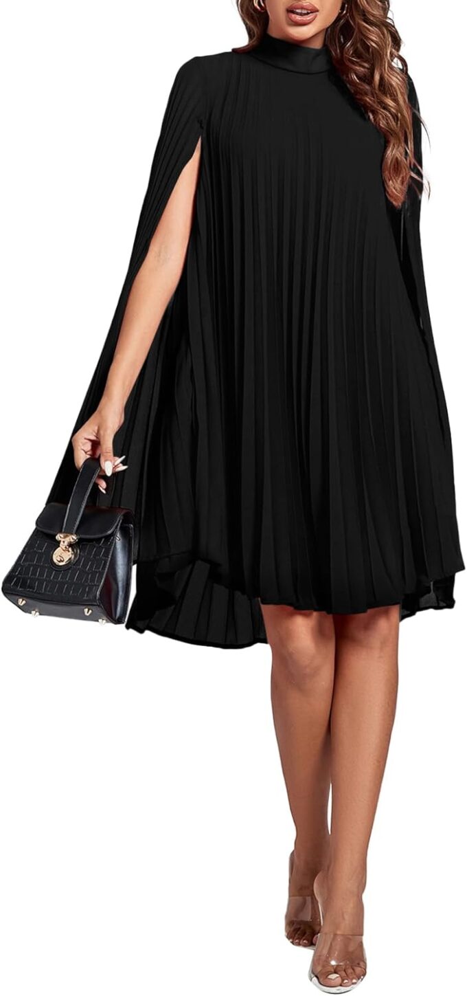Rooscier Women's Mock Neck Cloak Sleeve Pleated Keyhole Back Flowy Party Midi Dress – Bild 6