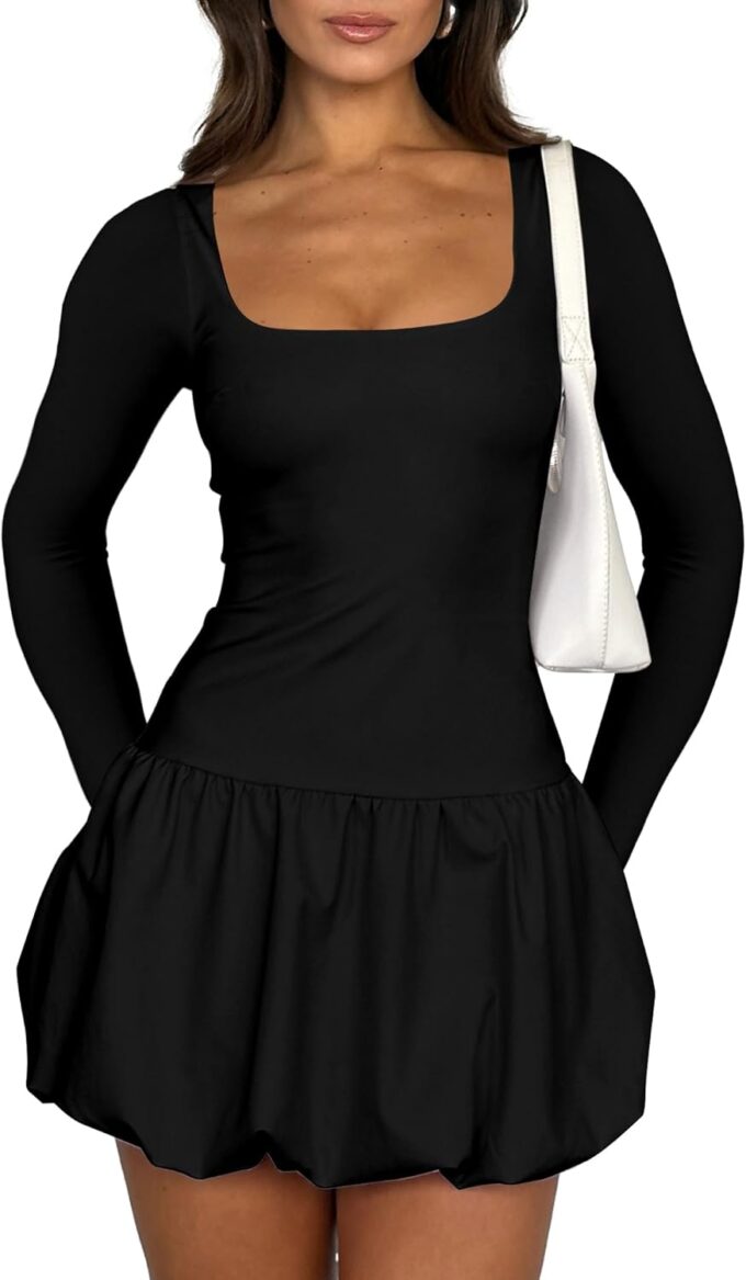 cailami Women's Sexy Bubble Mini Dress Corset Square Neck Long Sleeve Ruffle Short Party Dresses