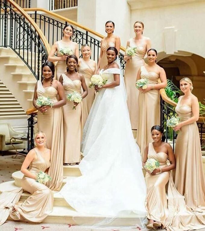 OYI Women's One Shoulder Mermaid Bridesmaid Dresses Long Ruched Bodycon Satin Formal Prom Gowns YZTS068 – Bild 3