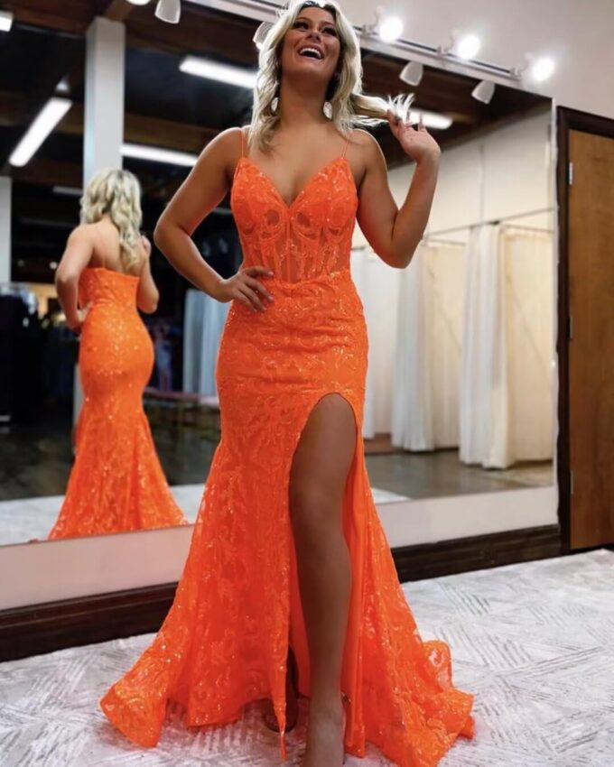 Mermaid Sparkly Sequin Prom Dress with Slit for Women 2025 Spaghetti Straps Tulle Evening Formal Gown – Bild 5