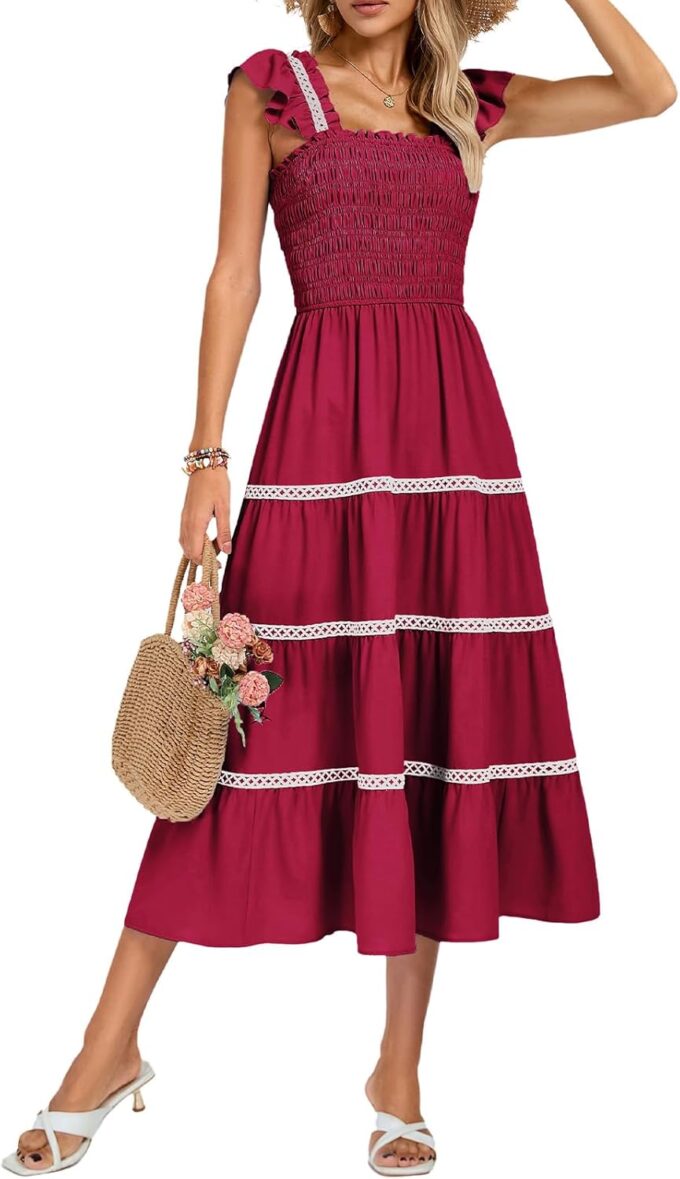 Kate Kasin Womens 2025 Summer Casual Dress Sleeveless Square Neck Smocked Ruffle Boho Flowy Maxi Beach Sundress