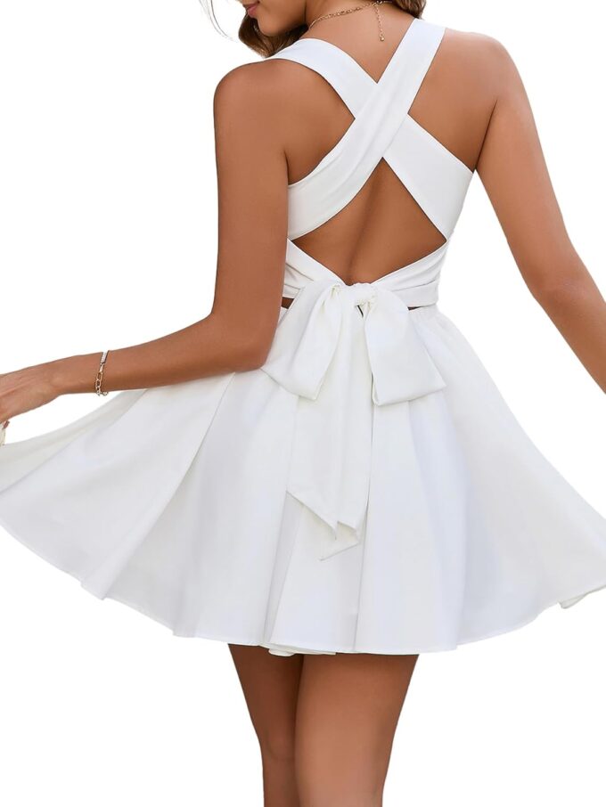 Colysmo Women Homecoming Mini Dress A Line Flowy Ruffle Square Neck Smocked Tie Short Casaul Party Dresses